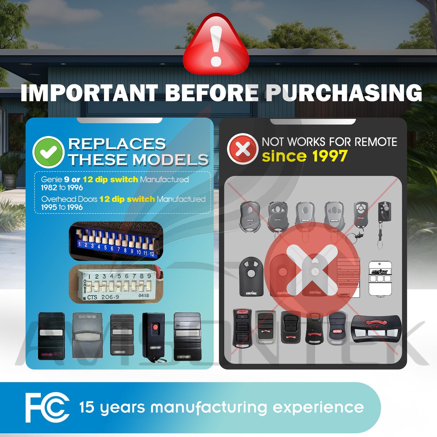 2 fo 9 & 12 DIP Switch Genie Garage Door Opener Remote, 1982 to 1996 Models, GT90-1 GT90 AT90 MAT90 912, 3-Year-Warranty