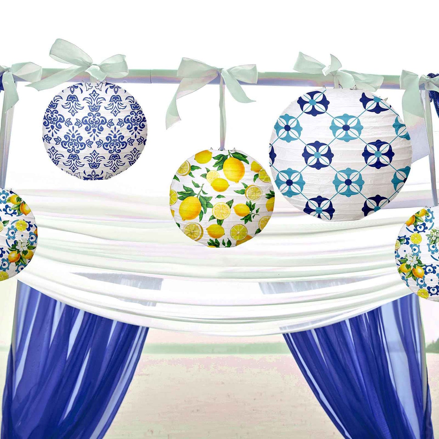 Rossesay 12 Pcs Paper Lantern Kit Amalfi Coast Capri Positano Lemon Party Supplies Summer Mediterranean Decorations Yellow Green White Lemon Pattern for Baby Shower Wedding Birthday Decorations
