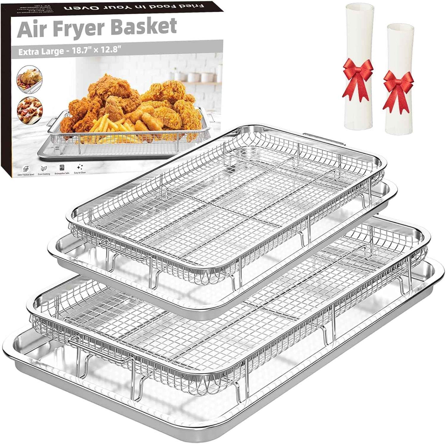 Air Fryer Basket Set with Parchment Papers - Non-Stick Stainless Steel Trays (2 Sizes)