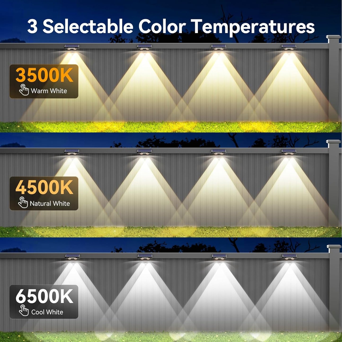 TECKNET Solar Fence Lights - 12 Pack LED Outdoor Lighting, IP66 Waterproof, Warm White & RGB Colors for Deck, Patio, Pool, and Backyard