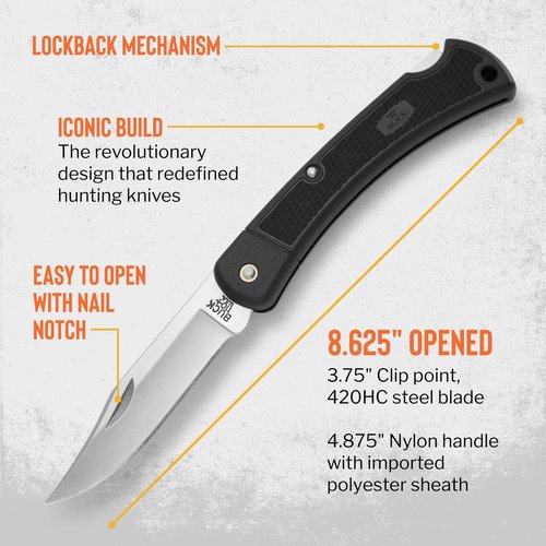 Buck Knives 110 Folding Hunter LT Knife, 3-3/4" Blade, Lockback Design, Nylon Handle, 420HC Stainless Steel Clip Point Blade, Sheath Included, Hunting Knife Made in the USA, 3.2 oz