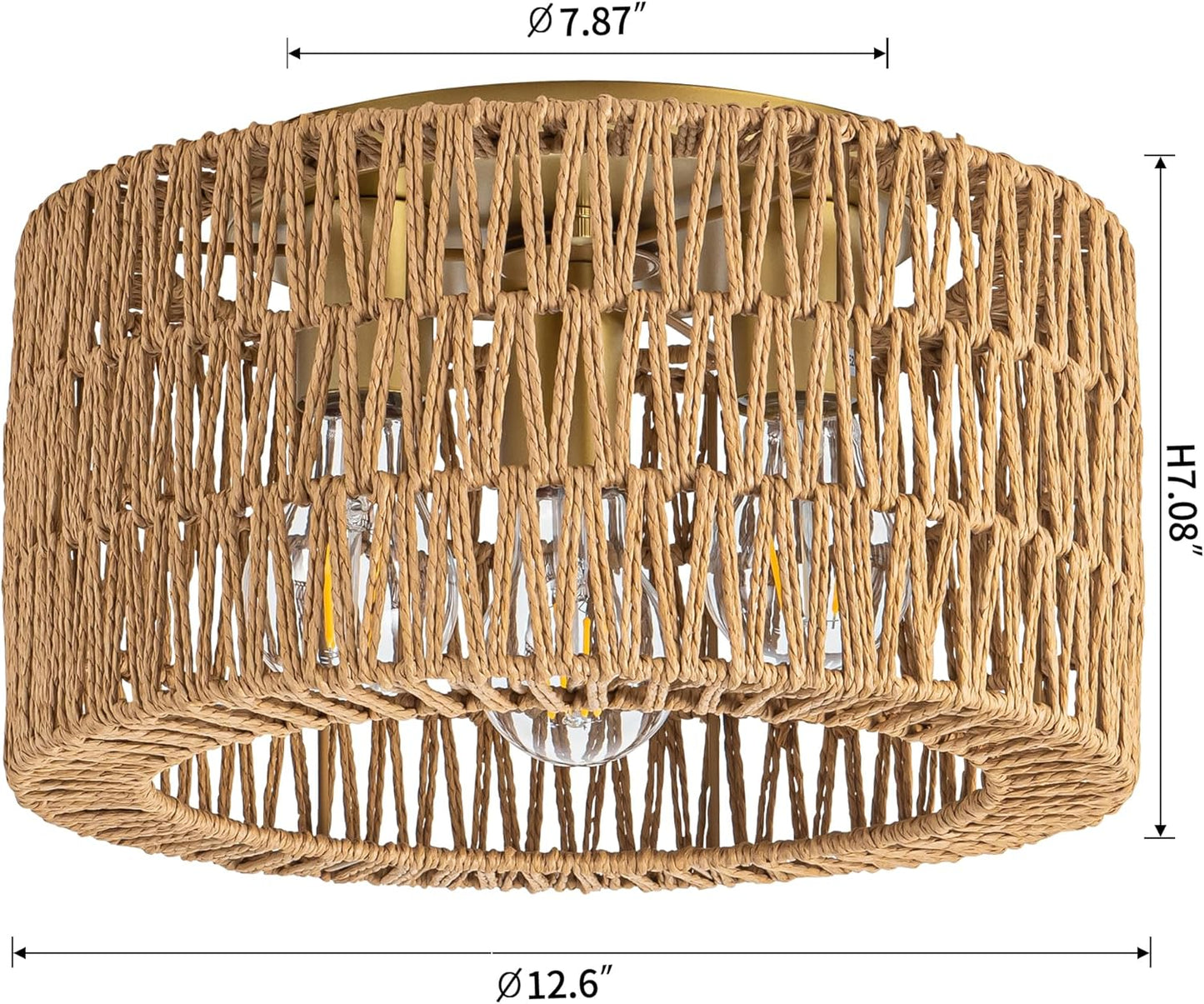 Bohemian Rattan Ceiling Light Fixture - 3-Light Woven Flush Mount for Bedroom & Living Room