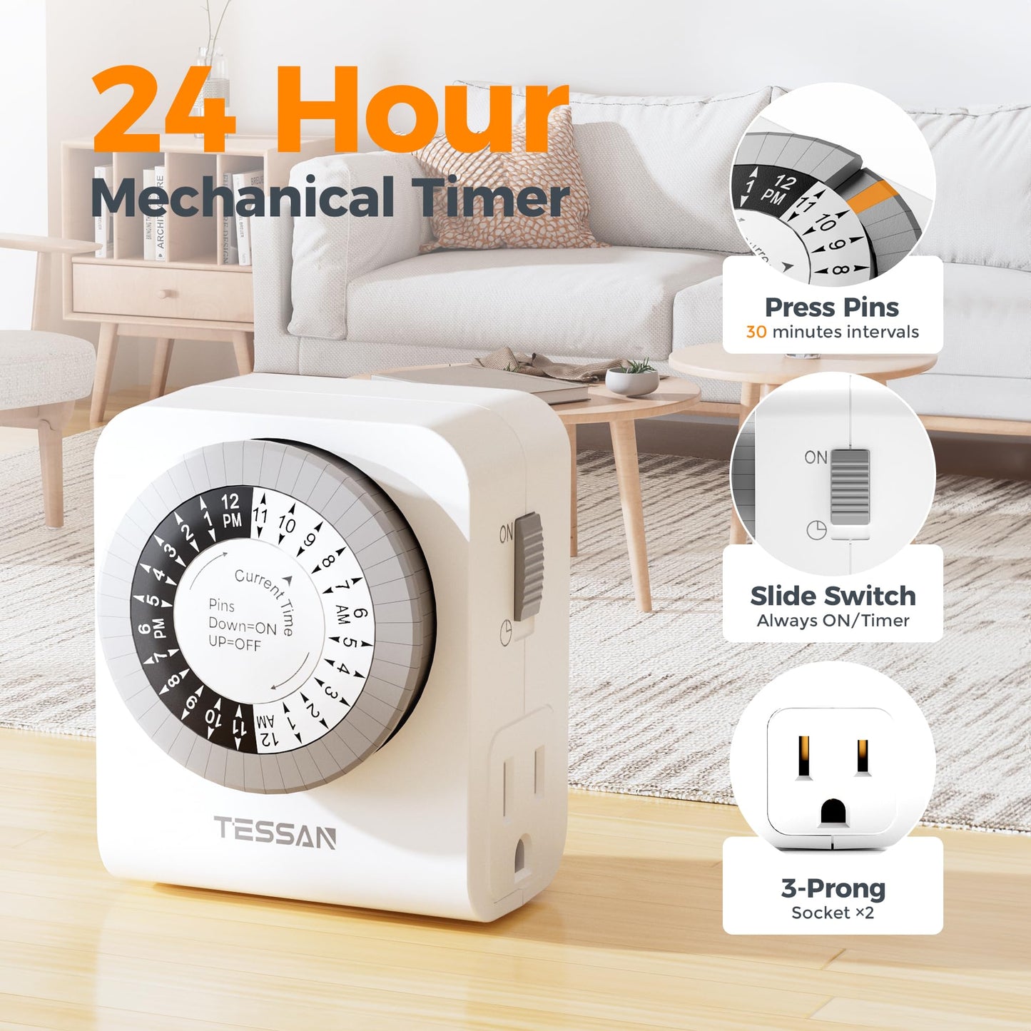 TESSAN Outlet Timer, Mechanical 24-Hour Light Timers for Electrical Outlets Indoor, Dual 3-Prong Sockets 30-Minute Intervals, for Lamps, Christmas Lights, Fans (1 Pack)