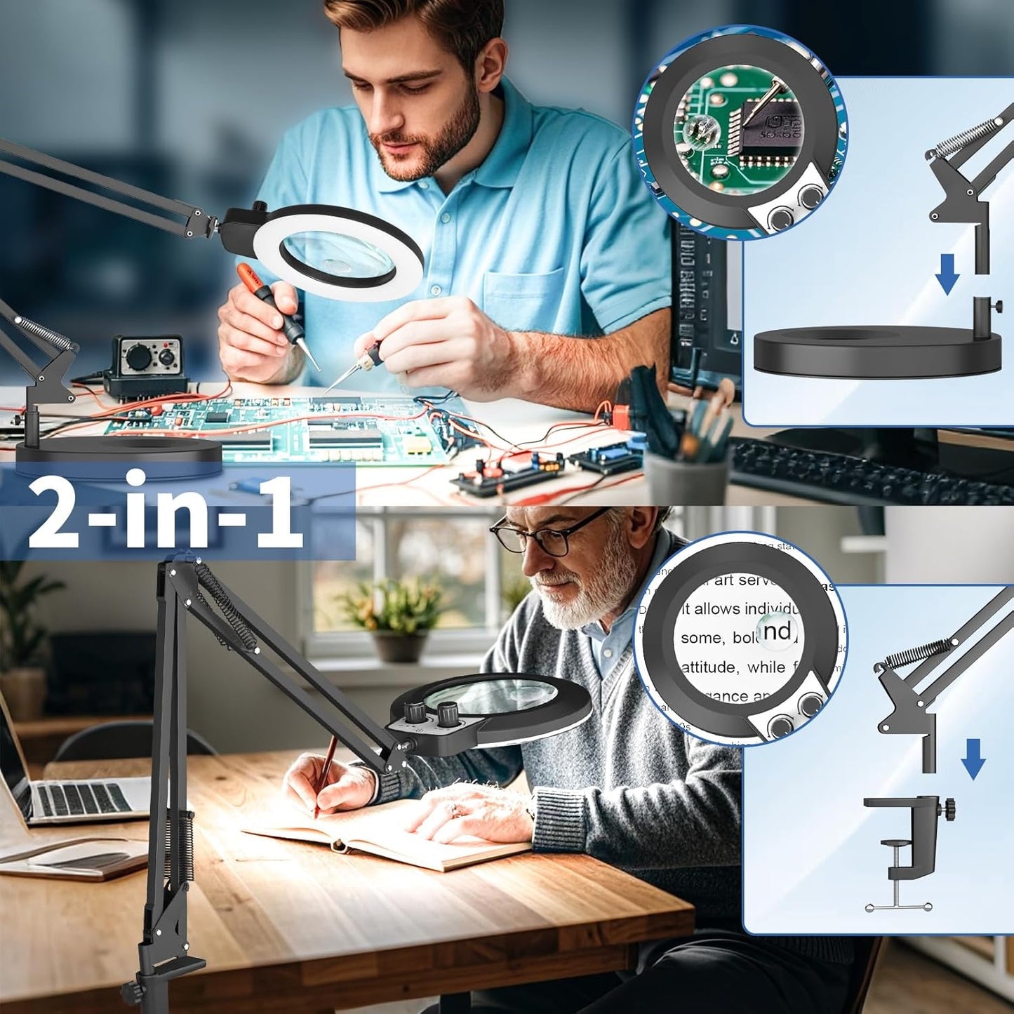 12X LED Magnifying Glass with Light & Clamp - Hands-Free Desk Lamp for Crafting & Reading