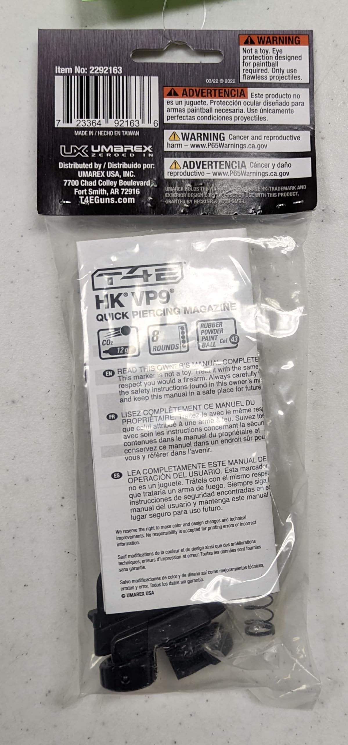 Umarex T4E Heckler & Koch HK VP9 .43 Caliber Training Pistol Paintball Gun Marker Magazine, Quick Piercing Black