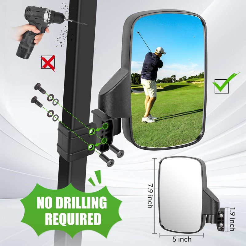 10L0L No-Drilling Golf Cart Side Mirrors - Universal Fit for Yamaha/Club Car/EZGO, 180° Foldable Shatterproof Glass with Anti-Fog & Reflective Stickers