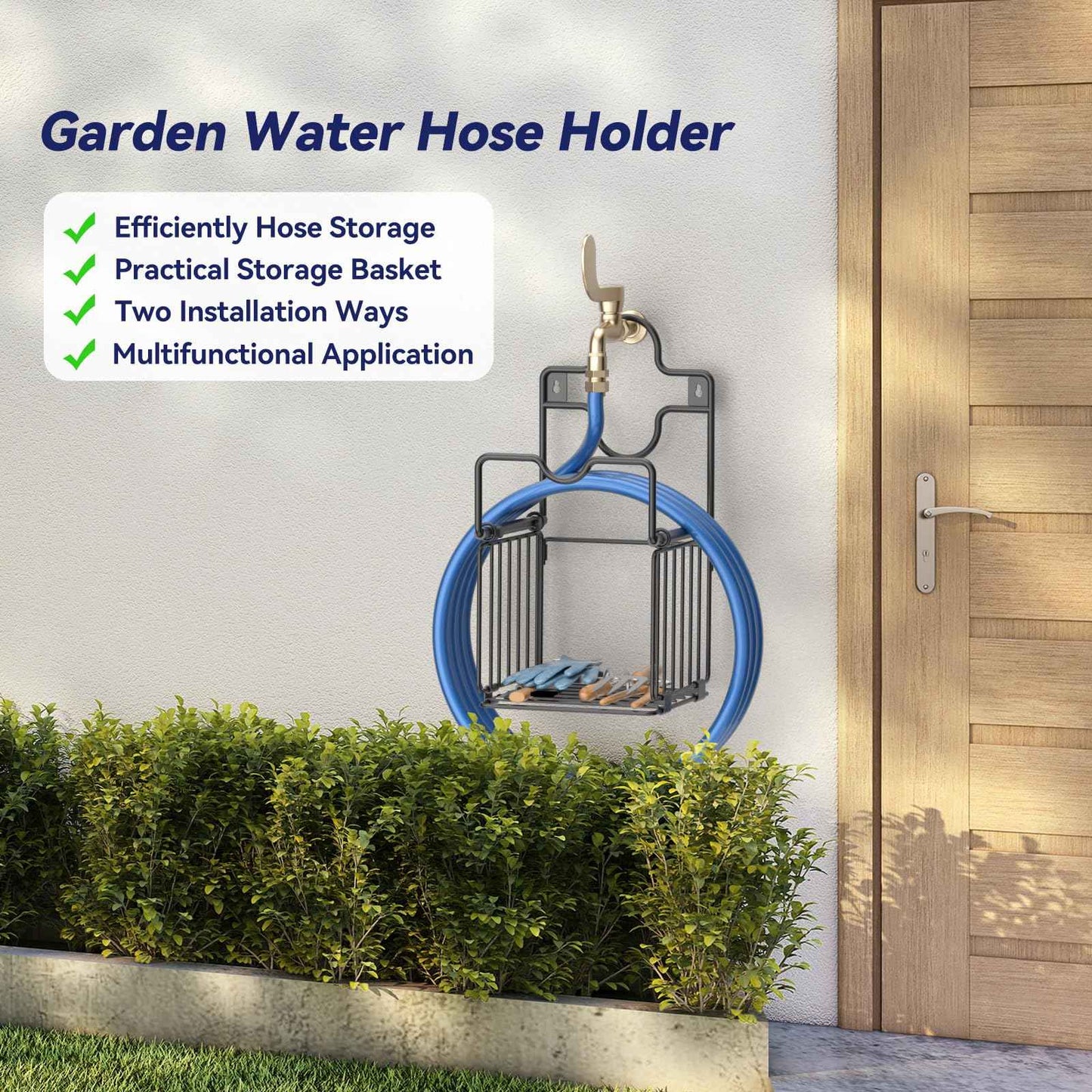Garden Hose Holders for Outside Metal Water Hose Holder Wall Mount Hose Hanger with Storage Basket Heavy Duty Waterhose Holder for Outside Hose Rack Outdoor Hose Caddy Hook for Garden Organizer Black