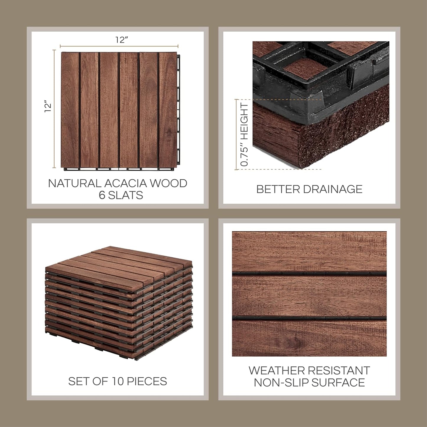 Outdoor Waterproof Acacia Wood Deck Tiles - 10 Pcs Patio Flooring for All Weather Use