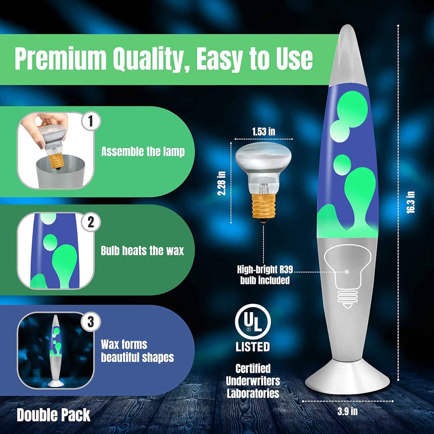 JAMBO 2-Pack 16" Liquid Lava Lamps - Silver & Blue Night Lights for Relaxation