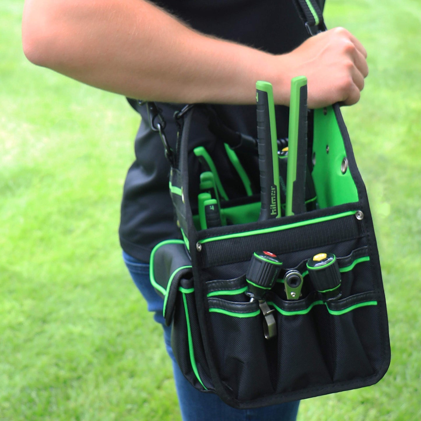 Hilmor HT 1839078 HVAC Tool Bag with 27 Pockets, Key Clip, Tape Loop, Shoulder Strap,HVAC/R Tools and Equipment, Black/Green, 13”