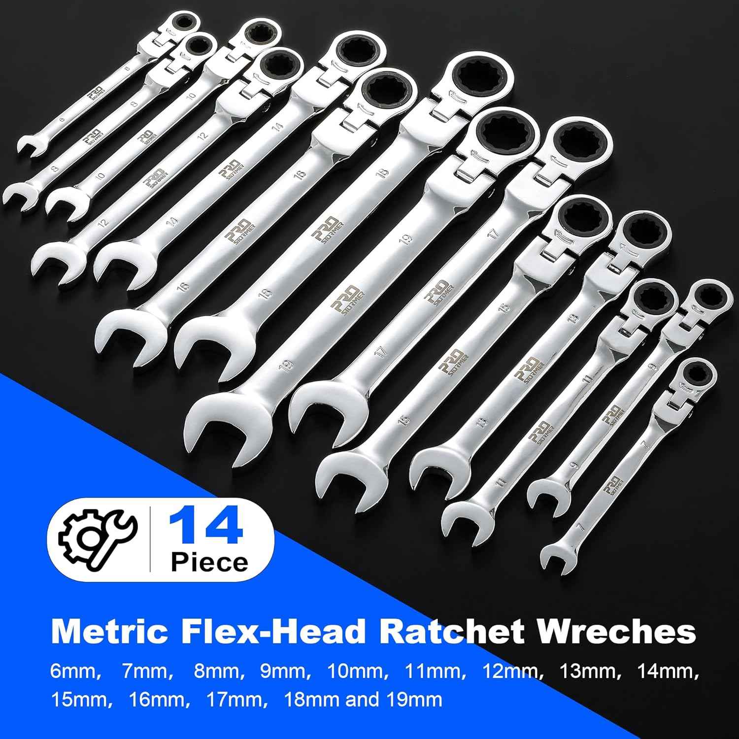 14-Piece Metric Ratcheting Wrench Set - Flex-Head, 72 Tooth, Cr-V Steel with Storage Case (6-19mm)