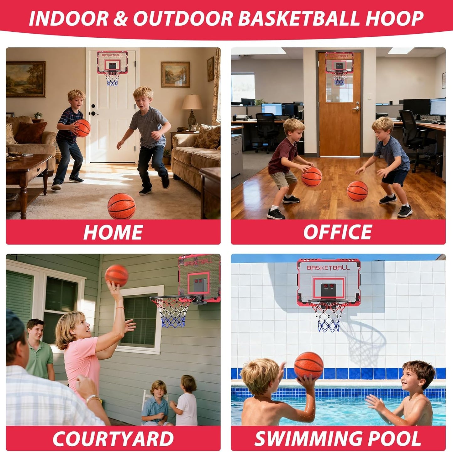 Skiennix Indoor Mini Basketball Hoop - Over The Door Design with LED Lights & Sound Effects | Includes 3 Balls, Perfect Sports Gift for Kids Ages 6-12