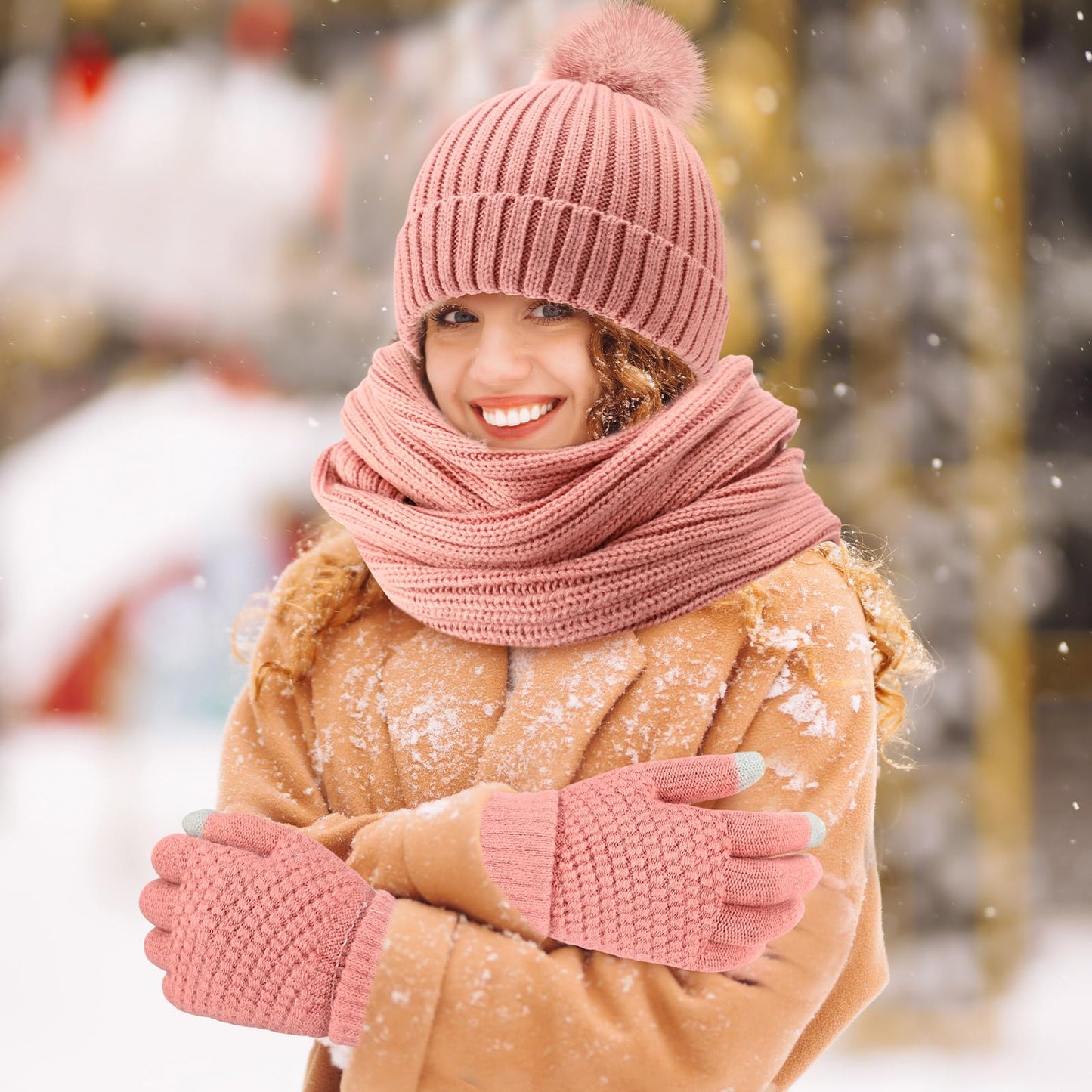 Geyoga 3 Pcs Winter Beanie Hat Scarf Gloves Set Warm Winter Knit Hats with Pom Long Scarf Touchscreen Gloves for Women Men(Pink)