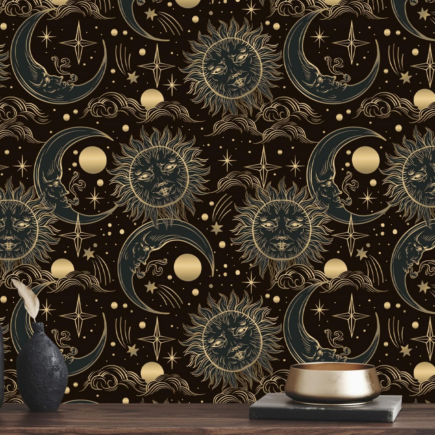 WENMER Celestial Wallpaper 17.3” X 118” Gothic Peel and Stick Wallpaper Dark Brown and Yellow Contact Paper Sun/Moon/Star Wallpaper Self Adhesive Vintage Night Sky Wallpaper for Bathroom Bedroom