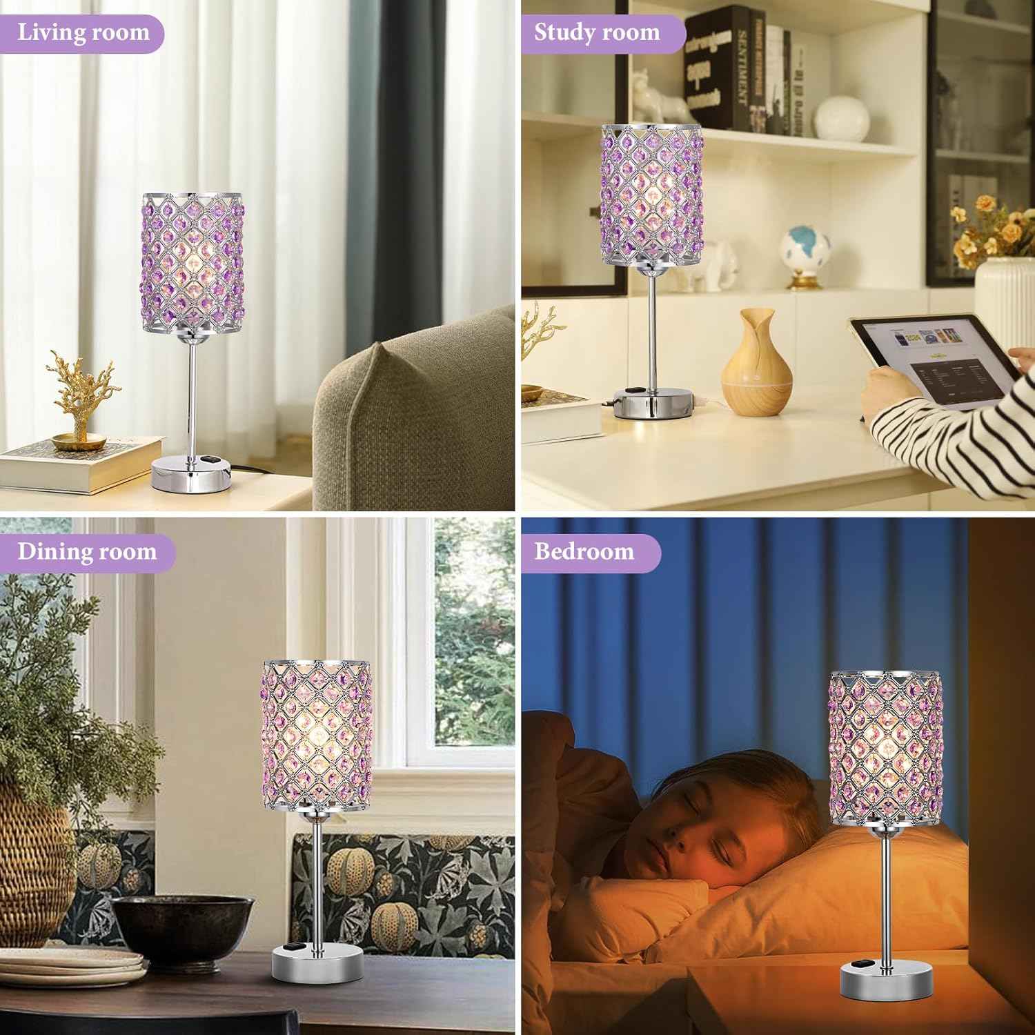 Dimmable Touch Control Crystal Table Lamp Set of 2 with USB-C & AC Ports - Elegant Nightstand Lighting for Bedroom & Living Room