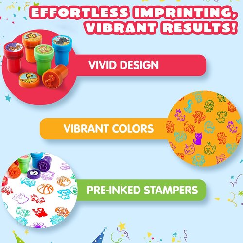 JOYIN 50 Pcs Self-Ink Stamps for Kids - Assorted Designs for Birthday Parties, School Prizes & Goodie Bags