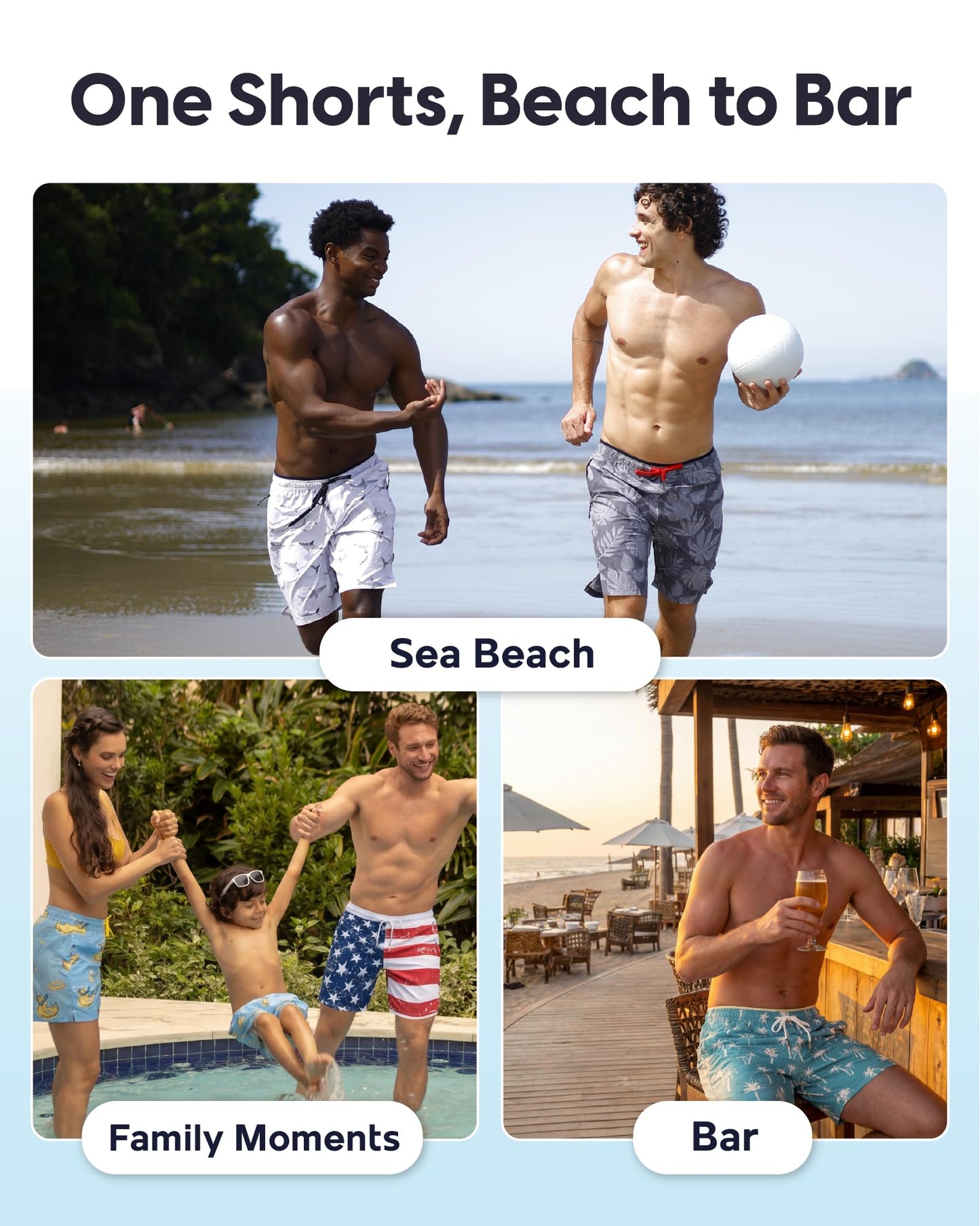 maamgic Mens Swim Trunks 9" with Zipper Pockets, Quick Dry Board Shorts, 4-Way Stretch Compression Lined Bathing Suits, Effortless Flex for Beach, Vacation, Cruise Coconut Tree Gradient Blue Medium