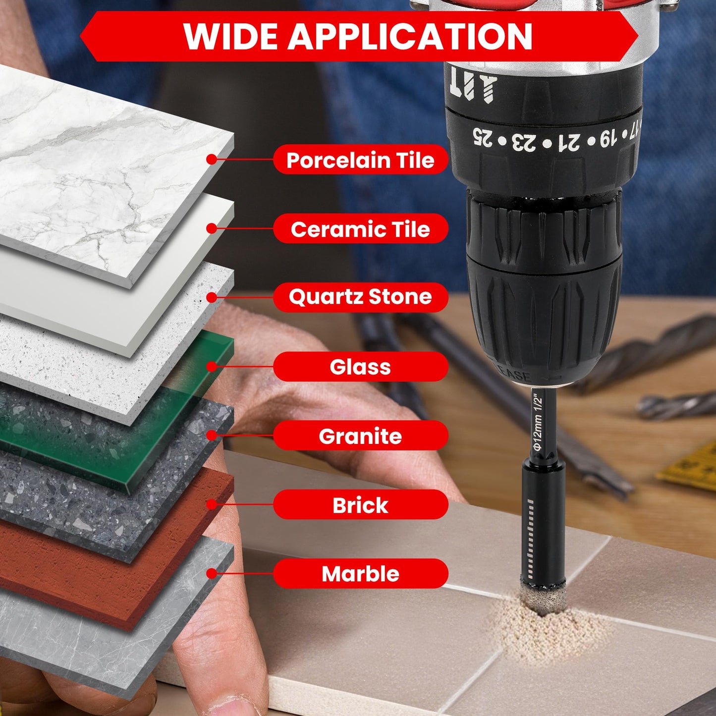 REKCKRUL 5-Pack Diamond Drill Bits Set, 1/4 5/16 3/8 1/2 Inch Diamond Hole Saw – 1/4 Hex Shank Core Drill Bits for Ceramic, Tile, Glass, Granite, Marble, Brick & Stone, 6/8/10/12mm