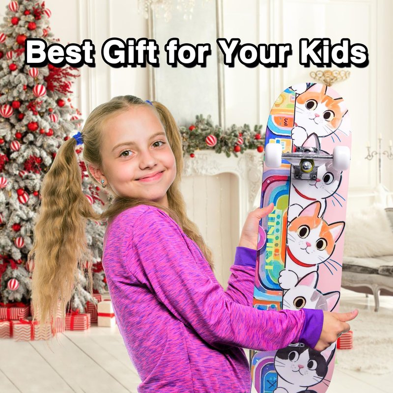 Skateboards for Beginners Kids Boys Girls Teens and Adults, 31 Inch Complete Standard Skateboards with 7-Layer Maple Double Kick Deck Unicorn and Skull Design (Cates)