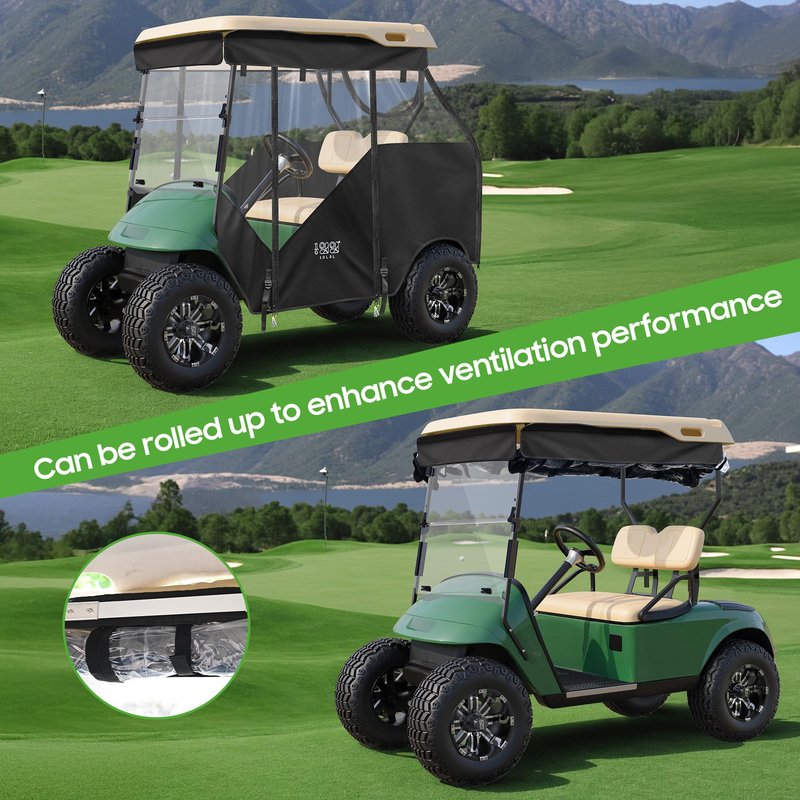 10L0L 3-Side Track Style Golf Cart Enclosure 2 Passenger Fits EZGO TXT & RXV Golf Cart Only, Heavy Duty 600D Waterproof Portable Drivable Golf Cart Storage Cover Enclosure (Track Style Black)