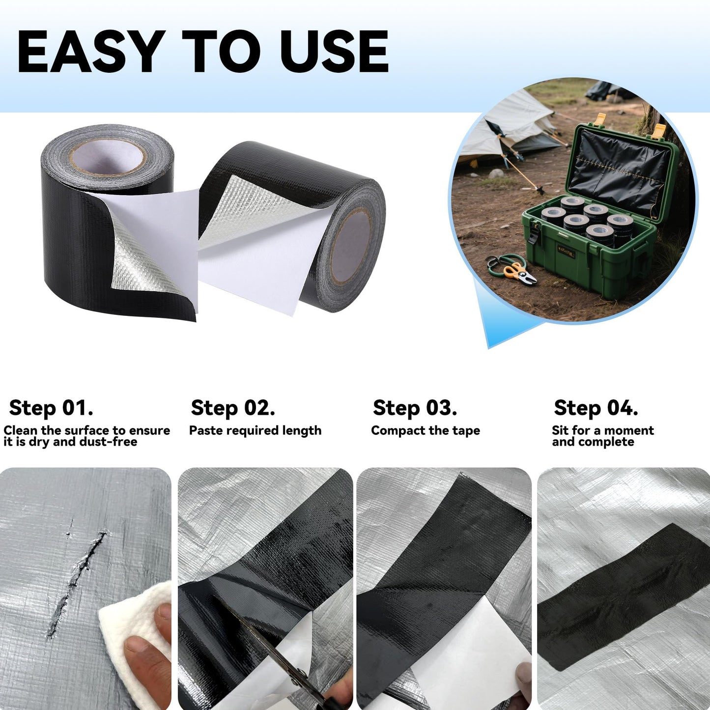 RV Awning Repair Tape: 3" x 30FT Black Fabric Heavy Duty Waterproof Patch Kit for Sail Tent Boat Cover Outdoor Repair