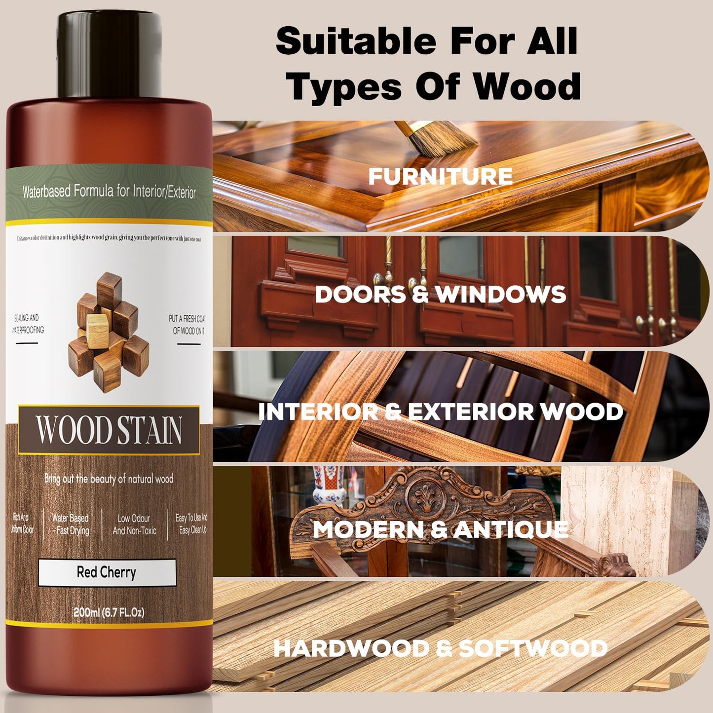 Wood Stain - Stain for Wood - Natural Stain for Furniture - Water Based | Fast Drying, Low Odor - Outdoor & Indoor Paint for Paneling, Cabinets and More - 6.7oz (Red Cherry)