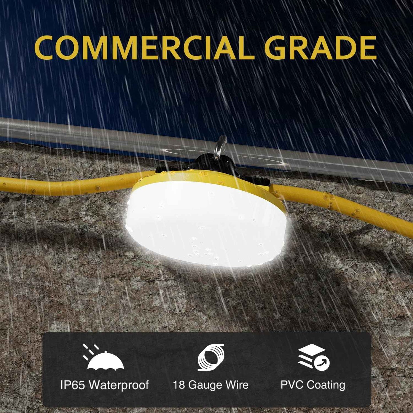 50FT LED Construction String Lights - 5000LM Daylight, IP65 Waterproof, 50W Temporary Work Lighting for Indoor/Outdoor Use