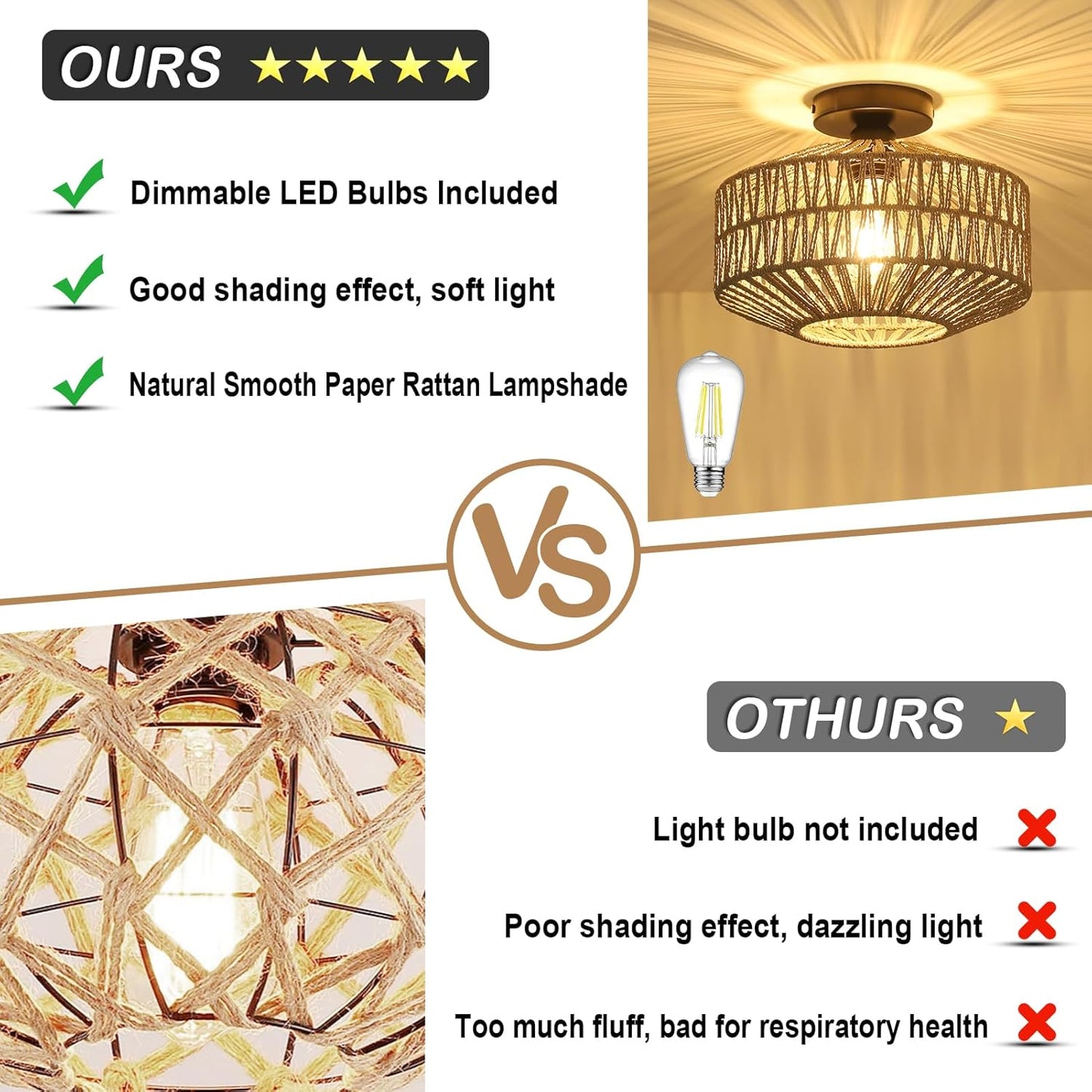 Boho Rattan Chandelier Ceiling Light Fixture with Dimmable LED Bulb - Hand Woven Flush Mount for Hallway, Bedroom, Kitchen & Living Room