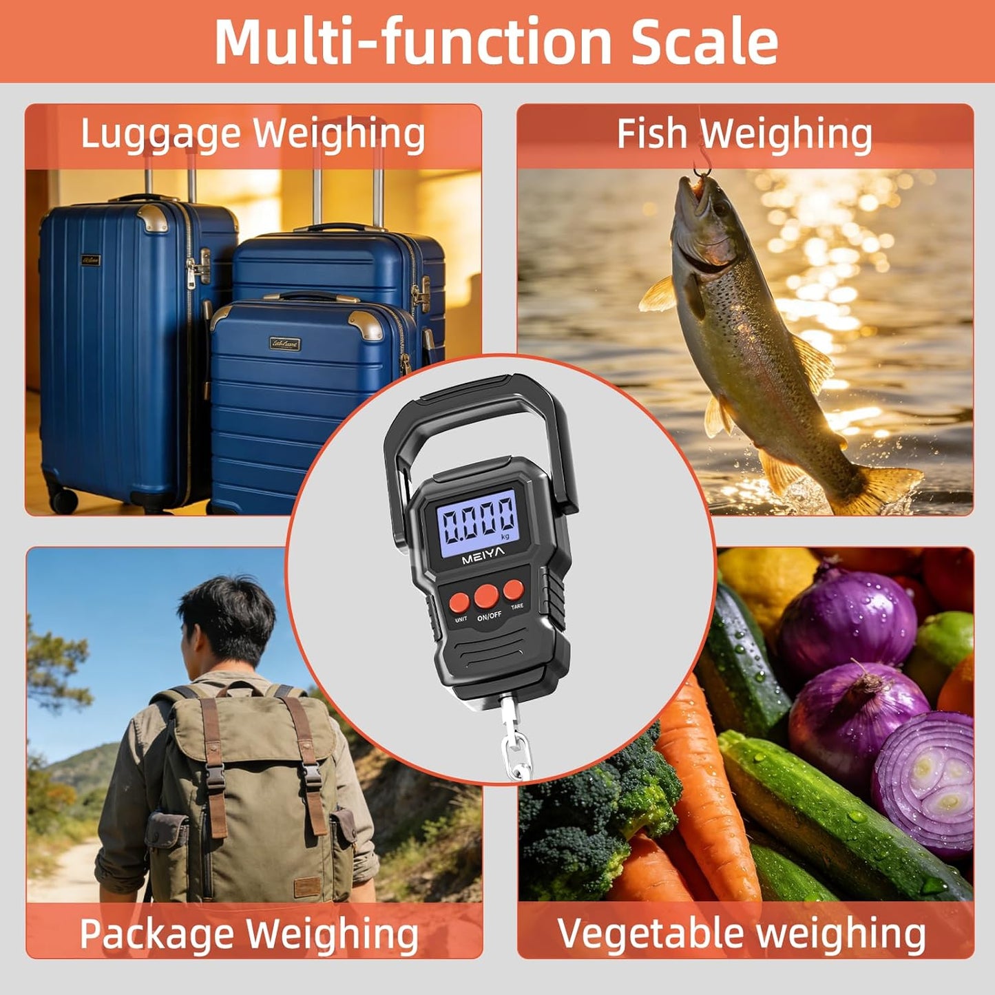 MEIYA Digital Fish Scale - Accurate 110lb/50kg Capacity | Backlit LCD Display & Hook Included