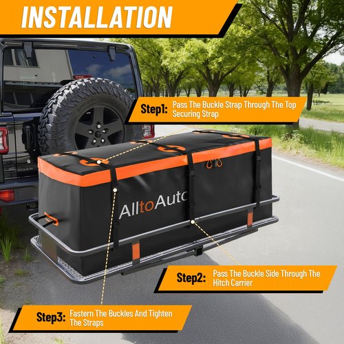 AlltoAuto 30 CuFt Waterproof Cargo Bag for Hitch Carrier | 60"x24"x36" Trailer Hitch Cargo Carrier | Weatherproof Truck Bed Storage with Straps, Lock & Carry Case | PVC Vehicle Soft-Shell Carriers