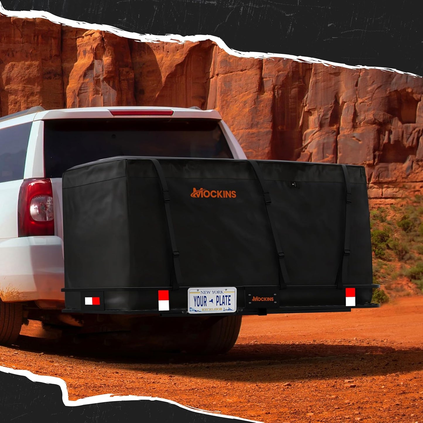 Mockins XXL Folding Trailer Hitch Cargo Carrier - 500 Lbs Capacity All-Weather Steel Rack | 70"x30"x6" w/ 40 CuFt Waterproof Bag & Accessories