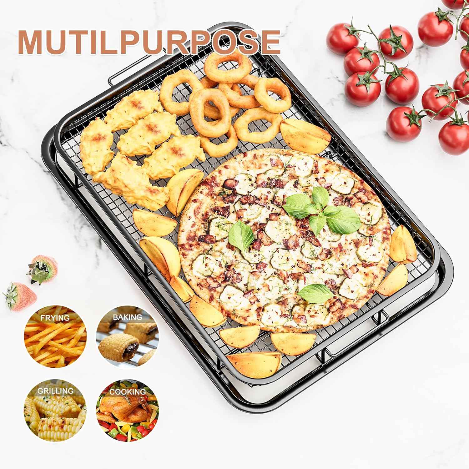 Air Fryer Basket Set with Parchment Papers - Non-Stick Stainless Steel Trays (2 Sizes)