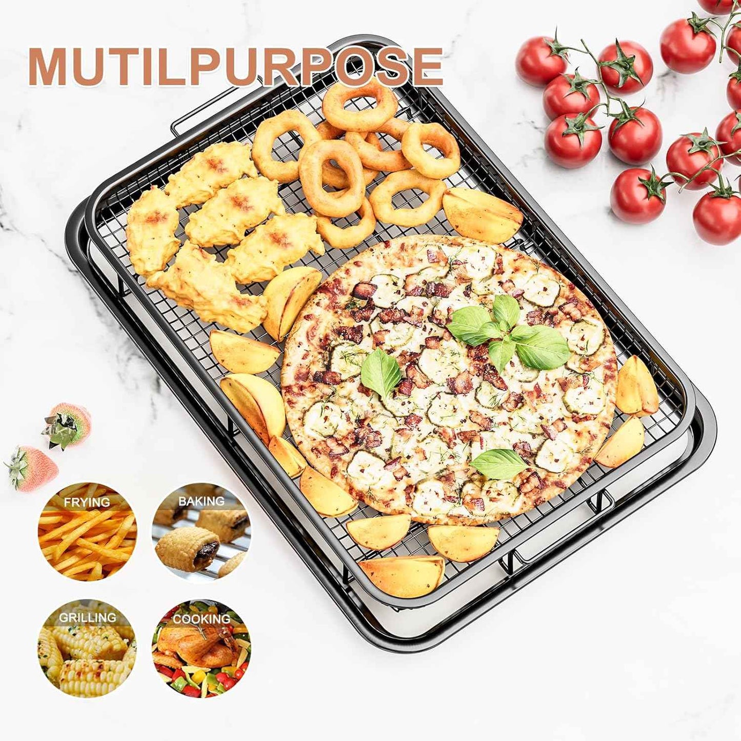 Air Fryer Basket Set with Parchment Papers - Non-Stick Stainless Steel Trays (2 Sizes)