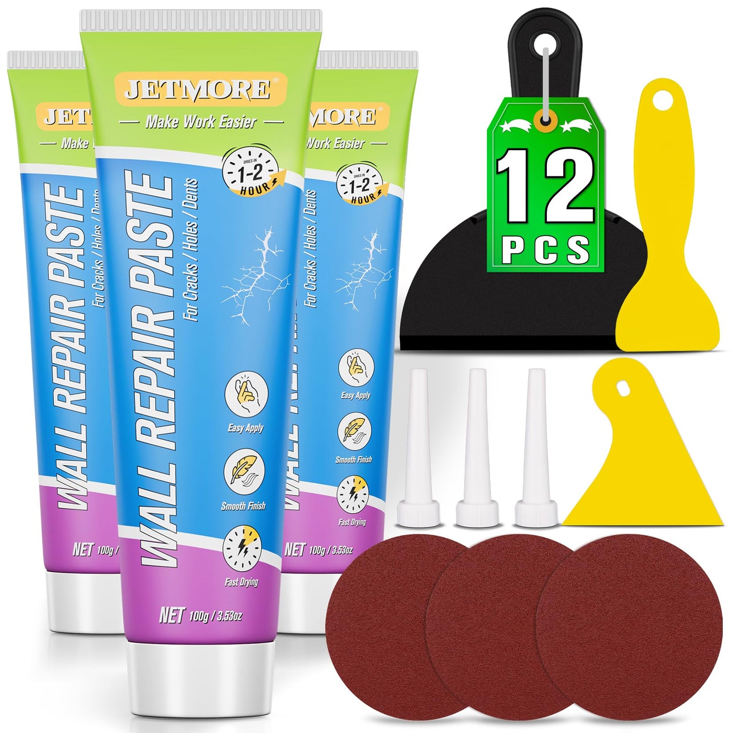 JETMORE 12 Pcs Drywall Repair Kit, Spackle Wall Repair, Wall Hole Filler, Wall Putty Hole Repair, Wall Mending Agent Quick and Easy Solution, Plaster Wall Repair, Spackle for Drywall