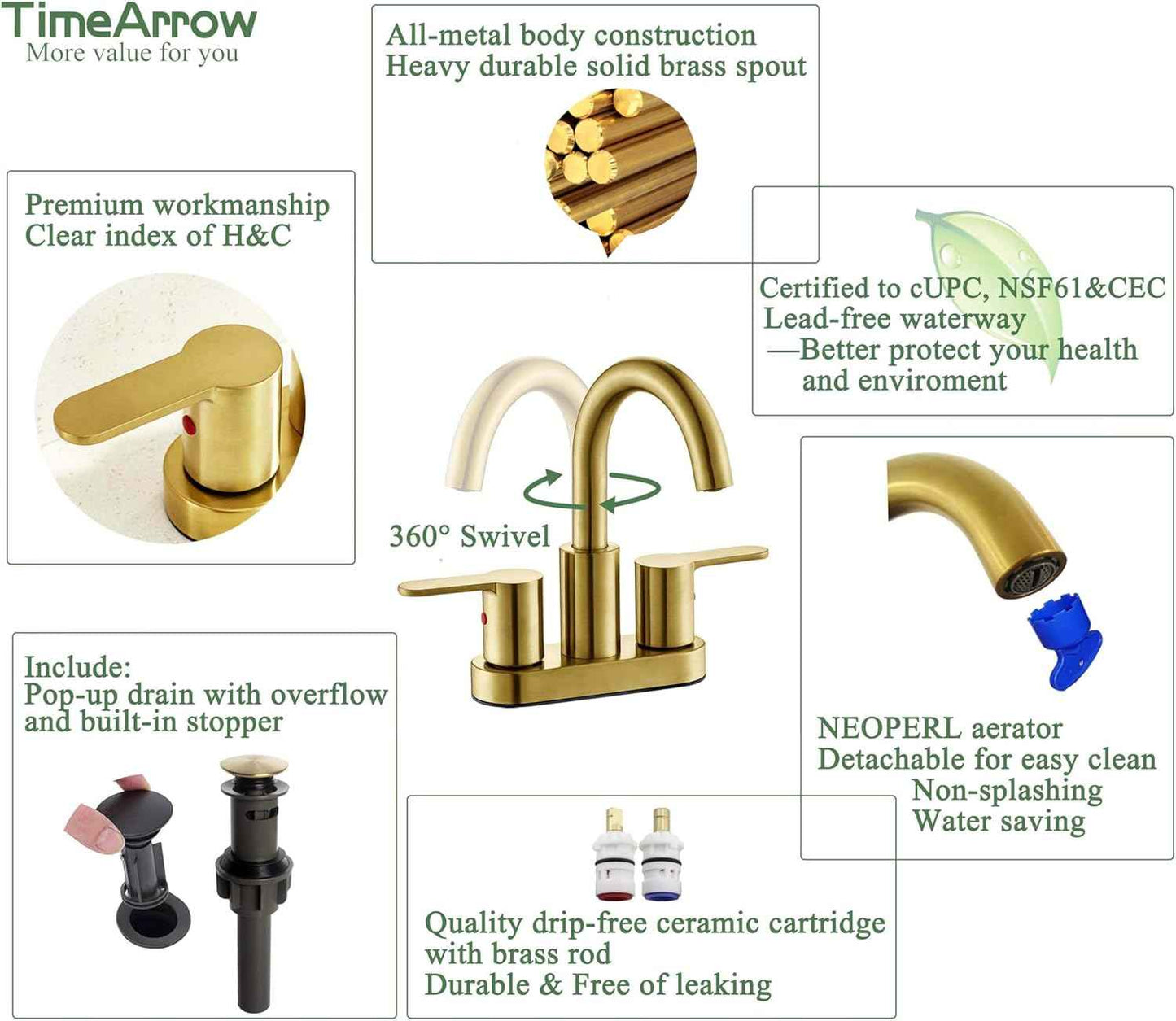 Brushed Gold Bathroom Sink Faucet - Modern 4-Inch Centerset with 360° Swivel Spout & Drain Assembly