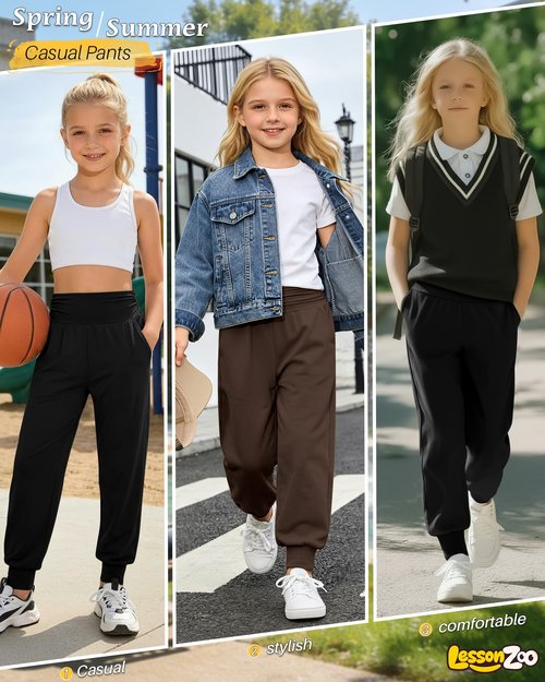 LessonZoo 2 Pack Girls' Joggers with Pockets Lightweight Workout Sweatpants High Waisted Casual Pants Soft Athletic Yoga Pant(11-12 Years,Black, Brown)