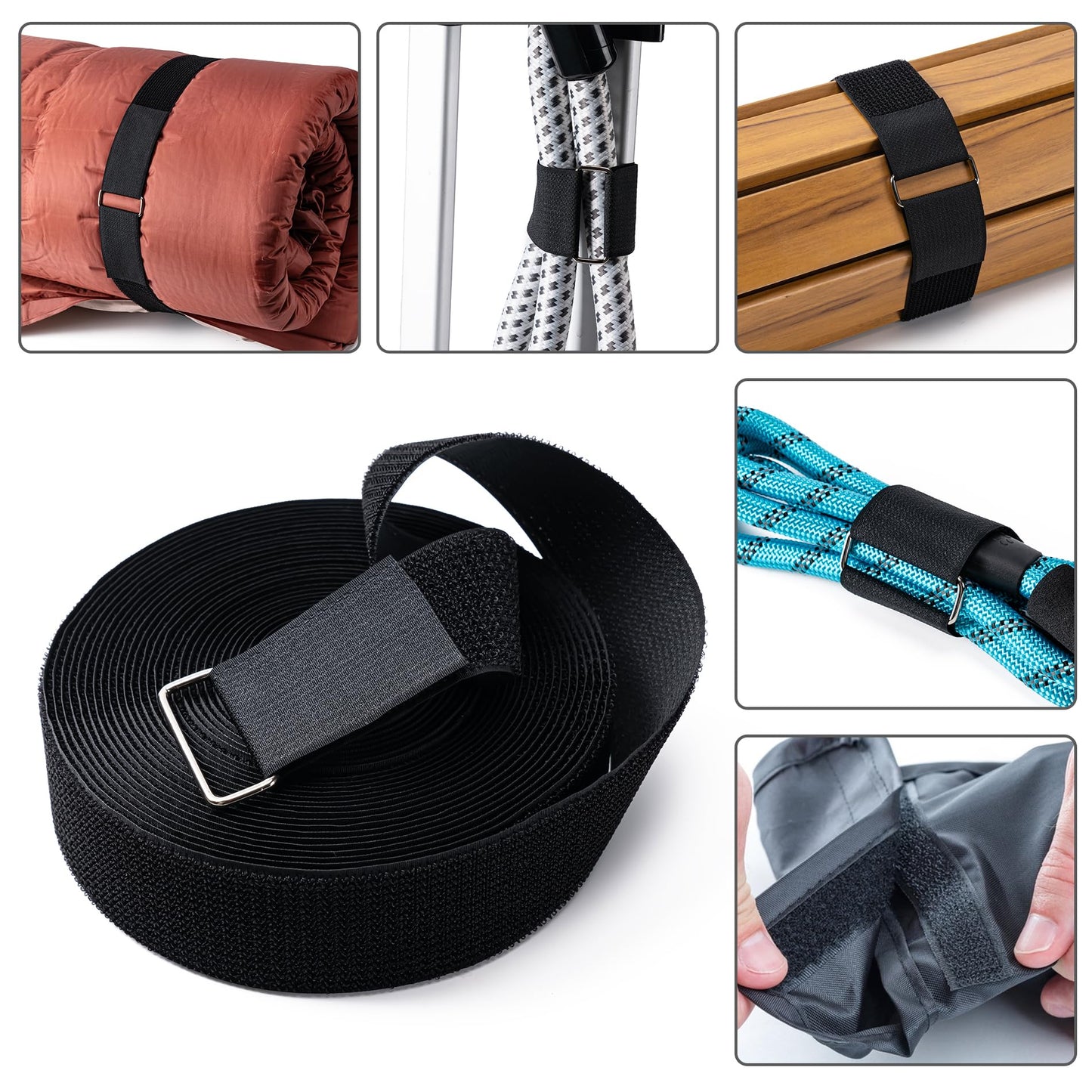2" x16Ft Hook and Loop Straps with 12 Metal Buckles, Adjustable Fastening Cable Straps, Free Cut Length, Reusable Nylon Cable Ties for Organizer or Storage, 2 inch Wide Black