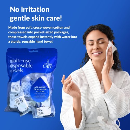 Compact Care Compressed Towels – Travel Towels for Cleaning, Camping, Gym, Hiking, Baby, Emergency Use – 100% Cotton, Chemical-Free, Expands with Water – Portable & Reusable (40 pcs)