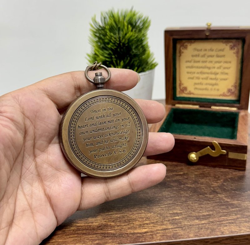 Compass Trust in Lord Religious Brass Compass Gift with Bible Proverb Engraved | Christian Inspirational Gift for Men, Faith Based Graduation, Birthday, Gift for Son, Holy Gift | Sundial Clock in Box