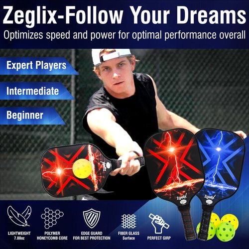 Zgelix Pickleball Paddles Set - Lightweight Fiberglass Paddles (7.88 Oz) with Sweat-Absorbing Anti-Slip Grip - Complete Set with Balls, Cooling Towels, Grip Tape, Ball Retrievers & Durable Carry Bag