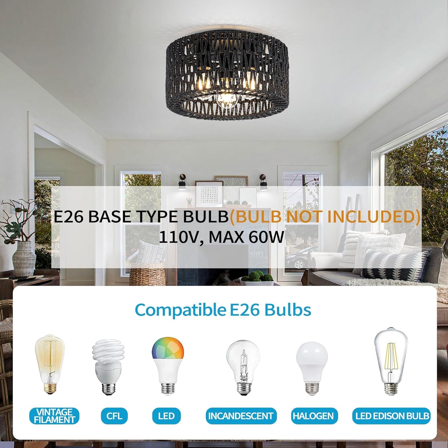 Bohemian Rattan Ceiling Light Fixture - 3-Light Woven Flush Mount for Bedroom & Living Room
