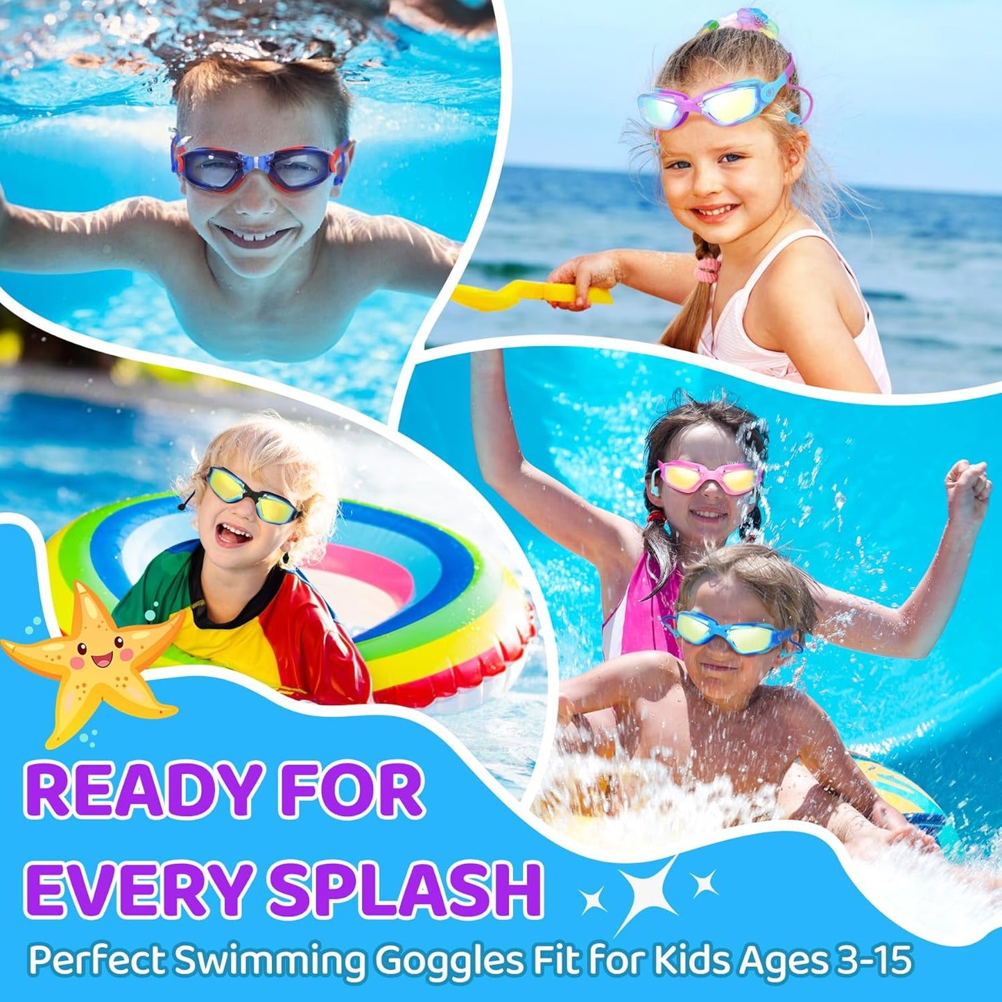Vvinca Swim Goggles for Kids - Anti-Fog & UV Protection | No Leak Design, 2-Pack for Ages 3-15