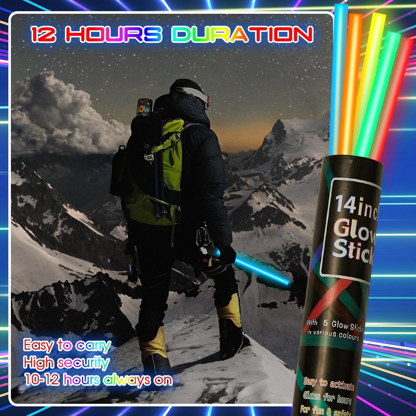 Lewtemi 5 Pcs Large Glow Sticks, 14 Inch Jumbo Light up Sticks Holiday Colorful Sticks Emergency Glow in The Dark Party Supplies for Camping, Halloween, New Year (Red, Orange, Yellow, Green, Blue)