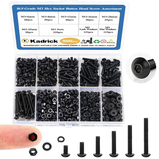 Kadrick 900Pcs M3 Screw Assortment,Machine Screws with Nuts Washers, Grade 10.9 Alloy Steel Hex Socket Button Head Black M3 Bolts Kit,Lenth Form 6mm-25mm