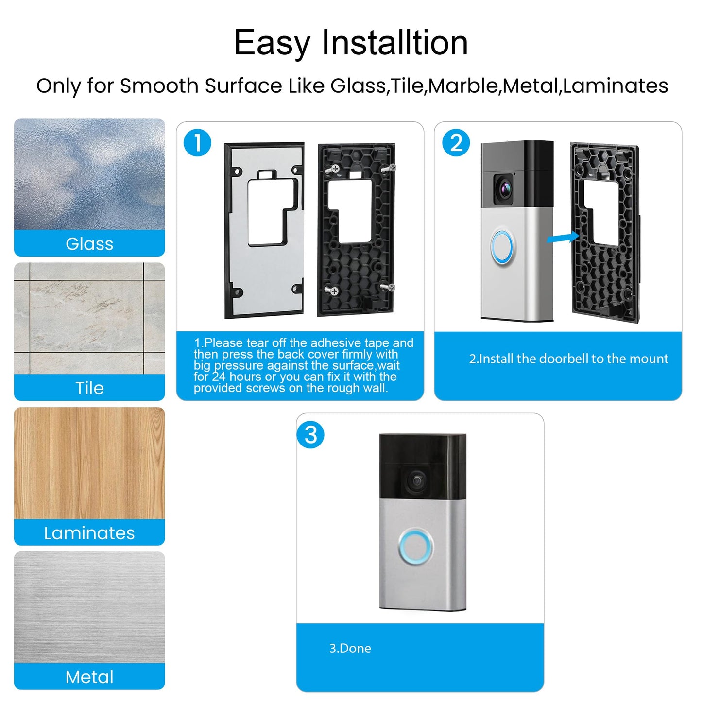 No-Drill Adhesive Video Doorbell Mount Compatible with Ring Battery Doorbell (2024 Release), Door Mounting Holder Bracket Accessories for Apartments Office Houses (1 Pack)