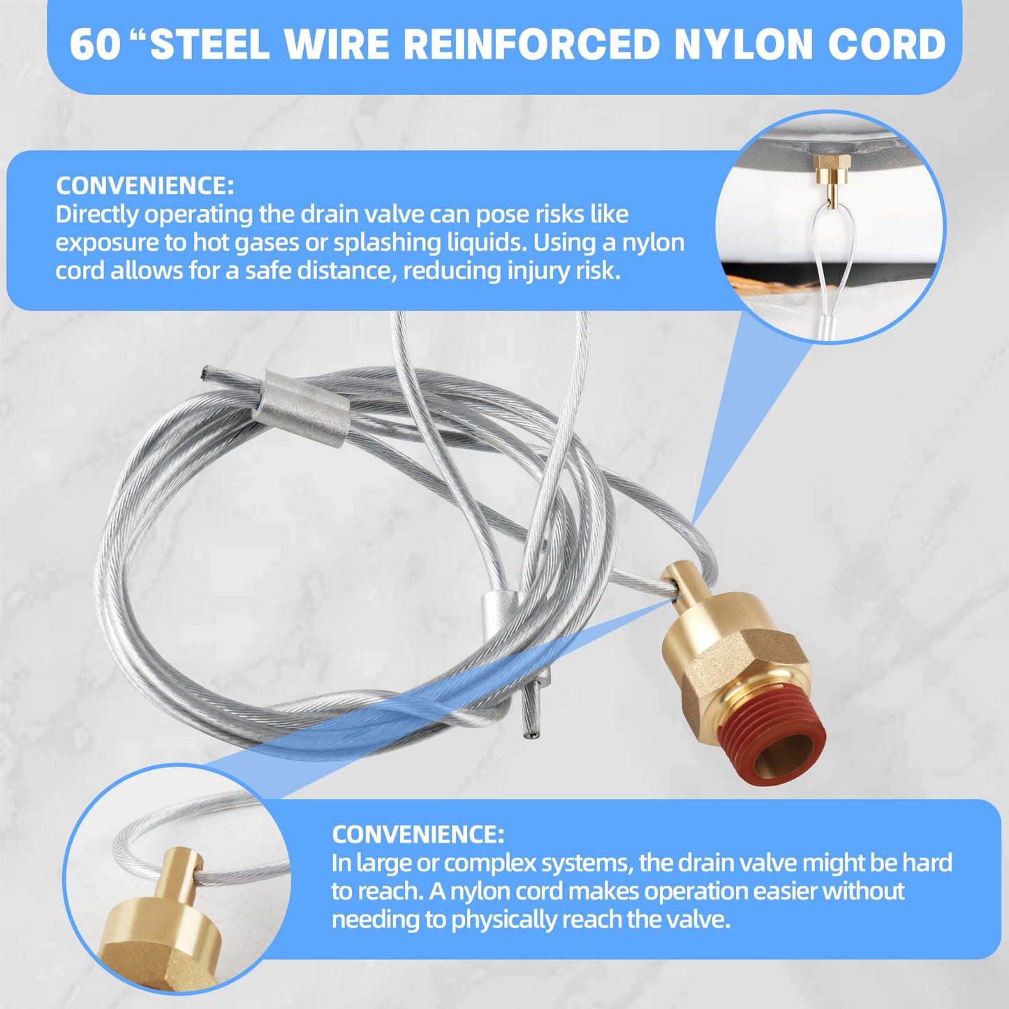 3/8” Air Tank Drain Valve Plug with 60” Cable, Dazakoot Brass Tank Drain Valve Replacement Part, Tank Drain Valve Max Working Pressure 350PSI - 2Pack