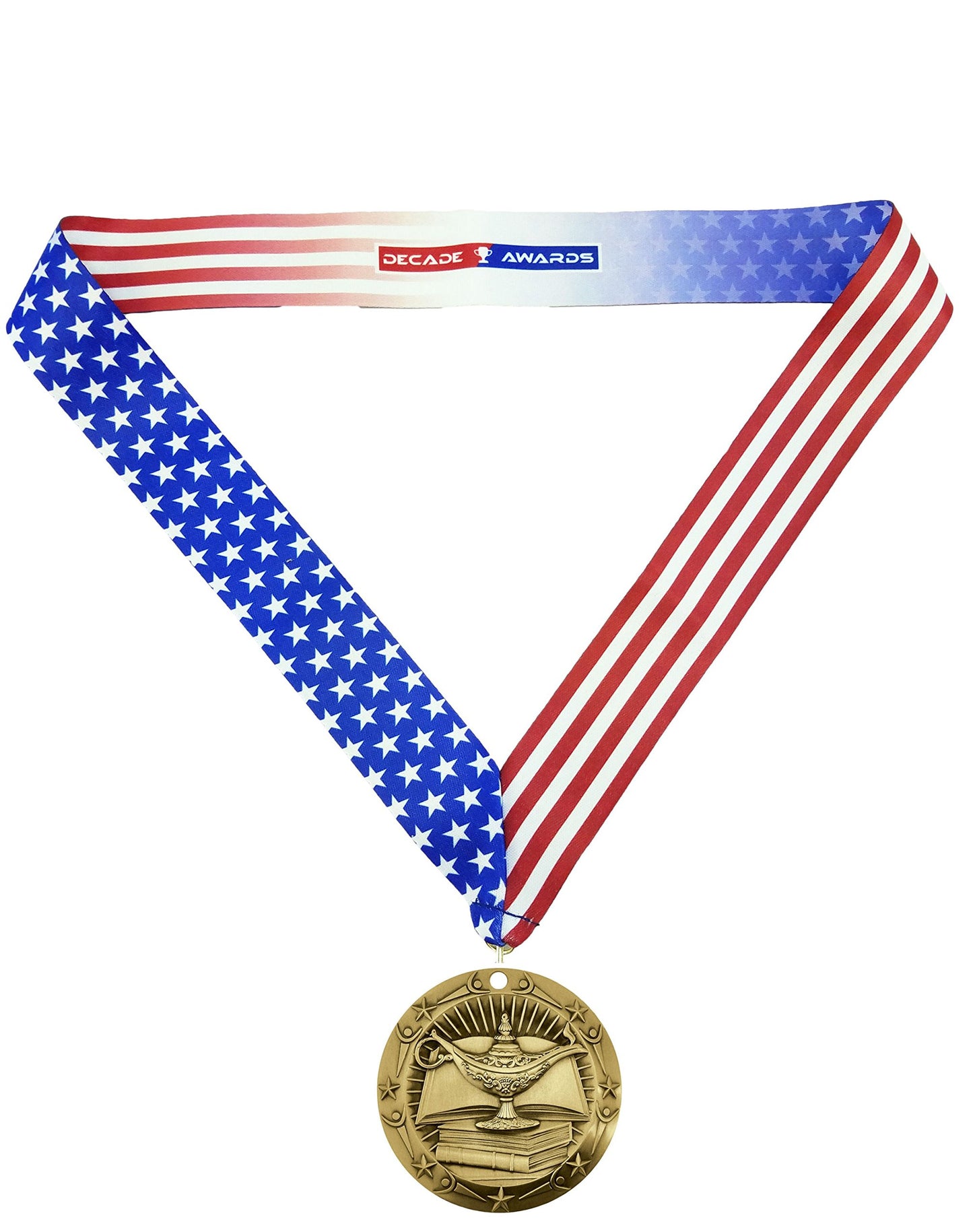 Decade Awards Academic Medal, World Class - 3 Inch Wide - Gold Medal with Stars and Stripes Neck Ribbon
