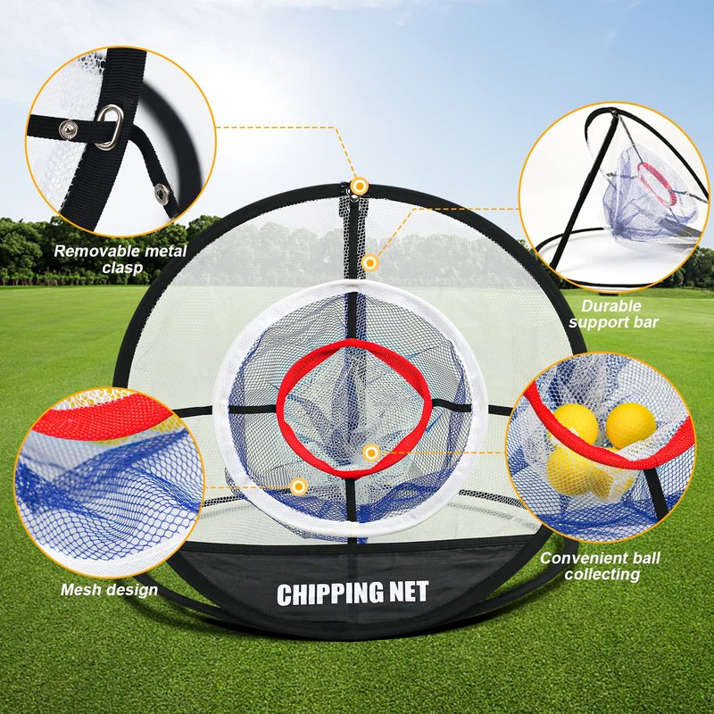 Pop Up Golf Chipping Net with Hitting Mat, Golf Target Chipping Net Collapsible 8 Practice Balls 4 Tees Rubber Tee Holder Fixed Tools for Indoor Outdoor Swing (Net+Mat)
