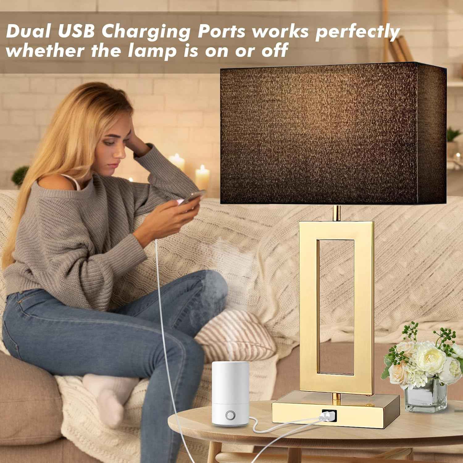 Gold Table Lamps Set of 2 - 3-Way Dimmable Touch Control with USB Ports, 22” Modern Design for Bedroom & Living Room