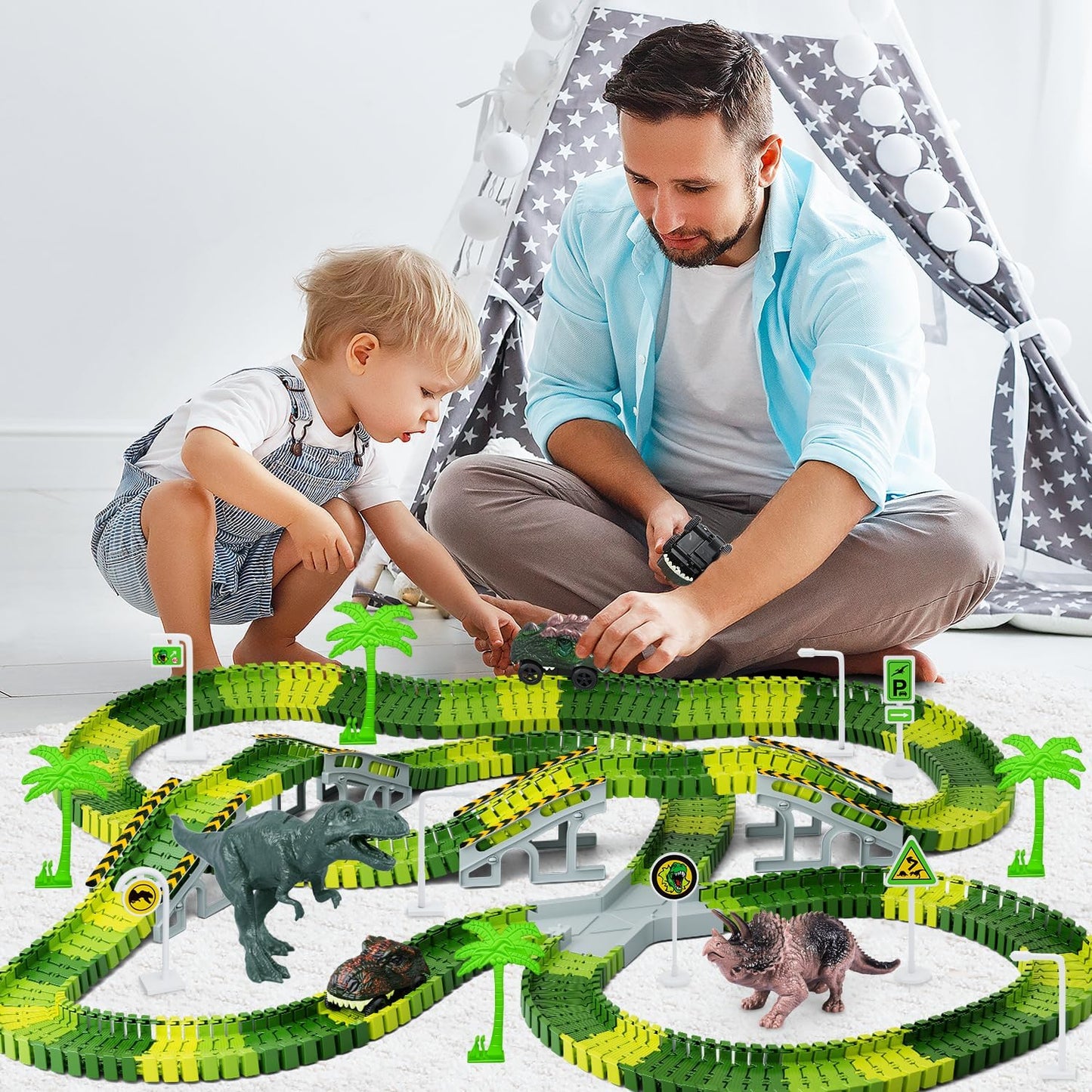 Skiennix Dinosaur Toys - Create A Dinosaur World Road Race Playset with Flexible Track & 2 Cars for Kids 3-6 Years